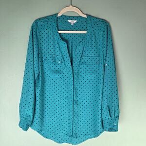 Q&A Womens Green Black Polka Dot Button Up Long Sleeve V-Neck Blouse Size Large